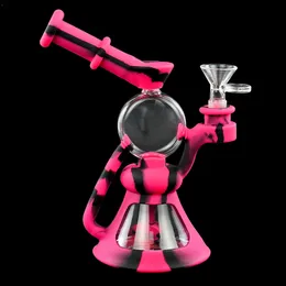 8'' Glass Bongs dab rigs smoking accessorires Round beaker water pipe Silicone bubbler Oil Burner Pipes Kit hookah bowls cigarette holder tobacco