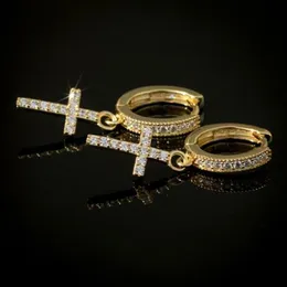 Trendy Men Women Earrings Gold Plated Micro Paved CZ Cross Bling Earrings Hoops Punk Rock Hip Hop Jewelry