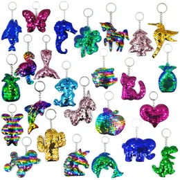 Party Favorit Sequined Key Chain Bag Pendant Mini Nyckelkedjor Animal Dolphin Ananas Hummingbird Bear Cactus Cat Key Chain Gift ZC898