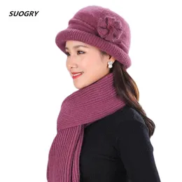 SUOGRY Women Winter Beanie Hat Rabbit Animal Skins Knit Wool Hat And Scarf Solid Colors Gorros Cap Bobble Hat Warm Skullies Y201024