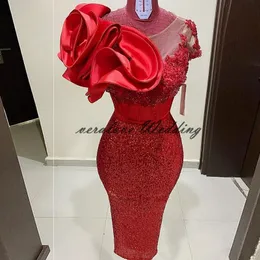 Red Sequin Mermaid Prom Dress Scoop Короткими рукавами Длина Чайное Платье Вечеринка Женщины Вечер Vestidos de CoTel