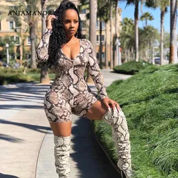 ANJAMANOR Fashion Snake Skin Printed Deep V Neck Long Sleeve Rompers Women Sexy One Piece Bodycon Jumpsuit Club Wear D46-AB28 T200704