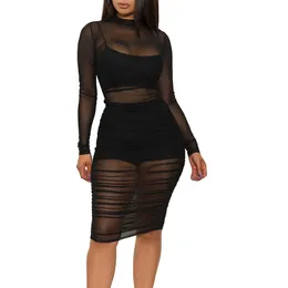 Summer Women Long Sleeve Casual Dresses Sheer Mesh See Through Sexy Party Club Night Midi Dress Three Sets