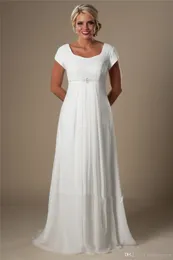 Informal Ivory Lace Chiffon Beach Modest Wedding Dresses With Cap Sleeves A-line Temple Bridal Gowns Floor Length Wedding Gowns New