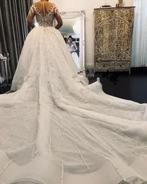 Long Sleeve Middle East Mermaid Wedding Dresses with Overskirt Detachable Train Lace Sparkly Beaded Arabic Princess Wedding Gown207K