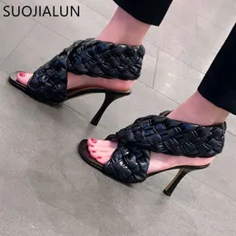 SUOJIALUN Summer Brand Design Weave Sexy Thin High Heel Dress Slip On Peep Toe Pump Sandalo all'aperto Scarpe Q1217