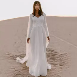 Boho Beach Chiffon Wedding Dress Custom Long Sleeves V Neck Backless Bohemian Bridal Gowns SweepTrain robe de soirée de mariage CG001