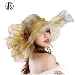 Mode Sommer Organza Kentucky Derby Hüte Für Frauen Elegante Laides Kirche Hochzeit Breite Große Krempe Mit Große Blume Hut Y200602