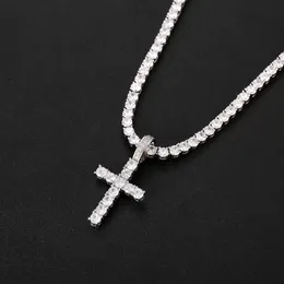 Iced Out Zircon Cross Pendant med 4mm tenniskedjans halsband Set Mens Hip Hop Jewelry Gold Silver CZ Pendant Necklace