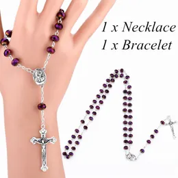 Moda religiosa oração mulheres cristal vidro maria centro roxo cordão cruz rosário colar pulseira conjunto