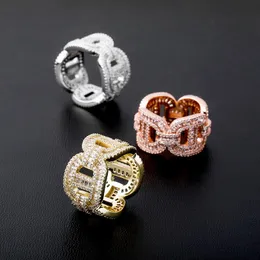 Hiphop Mens Diamond Rings Iced Out Bling Cubic Zirconia Smycken 18K guldpläterad Kuba kedja ring märke design hip hop smycken