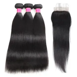 Wholesale Good 9A Mink Brazilian Peruvian Malaysian Virgin Straight Hair 3 Bundles With 4*4 Lace Closure Human Hair Bundles with Closure