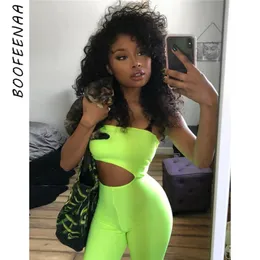 BOOFEENAA Cutout Tube Romper Neon Green Hollow Out Strapless Bodycon Jumpsuit Streetwear Bandage Playsuit Sexy Costume Clubwear T200704