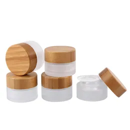 High End 5g 10g 15g 20g 30g 50g 100g Frosted Glass Face Cream Cosmetic Jars with Bamboo Lids Wide Mouth Skin Care Packaging Lotion Cream Bottles and Jars Wholesale