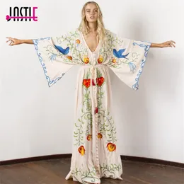 Jastie Embroidered Women Maxi Dress V-Neck Batwing Sleeve Loose Plus Size Summer Dresses Drawstring Waist Boho Beach Vestidos T200604