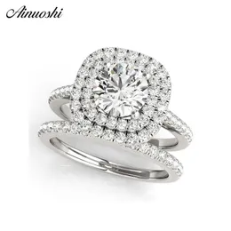 Ainuoshi 925 Sterling Silver Kobiety Pierścionek zaręczynowy Ślub Zestawy Podwójne Halo 1CT Round Cut Obrączki Ślubne Zestawy Anillos de Plata Y200106