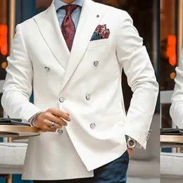 White Double Breasted Blazer for Men Slim Fit Single One Piece Male Suit Jacket with Peaked Lapel Italian Style Casual Coat 201104