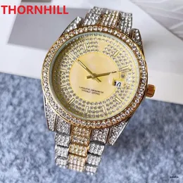 Toppkvalitet Män Kvinnor Diamanter Ring Klocka 40mm Full Rostfritt Stål Luxury Quartz President Hip Hop Cool Male Gifts Par Wristwatches Reloj de Lujo