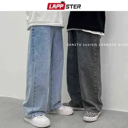 LAPPSTER MEN COREAN COREAN Streetwear Wide Legs Baggy Jeans 2021 Mens Autumn Harajuku Vintage Blue Denim Pants Male Casual Cargo 0214