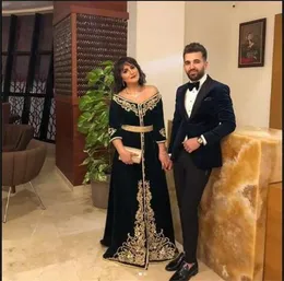 Moroccan Caftan Evening Dresses Black Velour Applique Lace Arabic Muslim 2021 Dresses Off Shoulder Prom Gown Custom