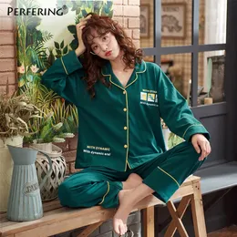 Perfering Hot Sale 2 Pieces Cotton Pajamas Set Long Sleeve Shirts + Pants Sleepwear Printing Women Homewear Loungewear T200707