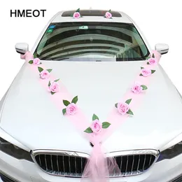 homemade DIY Artificial Flower White Wedding Car Decoration Door Handle Ribbons Silk Corner Flower Galand With Tulle Gifts Set 201222