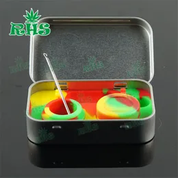 Silicone Kit With Metal Tin Box 2pcs 5ml Silicone Dab Containers Jars Wax Dab Mat And Dabber straw oil Tool rigs Set