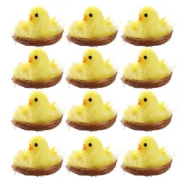 Mini Wielkanoc Symulacja piskląt 12 sztuk / zestaw sztuczne Chenille Chicks Easter Bonnet Decoration Kids Easter Egg Gift