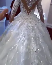 Brudklänning Nya arabiska Dubai Crystal Wedding Dress 2023 Hela ärmar Beaded Puffy 3D Flower spets bröllopsklänningar Robe de Mariee306b