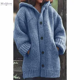 Misshow Frauen Übergroße Warme Pullover Mit Kapuze Tasten Herbst Winter Gestrickte Pull Femme Warme Lose Damen Pullover S-5XL 201029