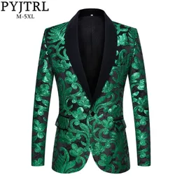 PYJTRL Männer Stilvolle Schal Revers Blazer Grün Schwarz Samt Floral Pailletten Anzug Jacke Hochzeit Prom Bühne Sänger Slim Fit Kostüm 201104