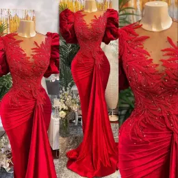 2021 Lyxig Sexig Arabisk Röd Prom Klänningar Jewel Kortärmad Sleeves Lace Appliques Mermaid Plus Size Formal Evening Party Gowns Wear DwJ0222