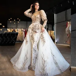 Luxury Beaded Mermaid Wedding Dresses With Detachable Train High Neck Long Sleeves Sequined Bridal Gowns Plus Size Appliqued robe de mariée