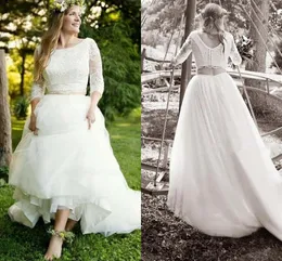 Boho zweiteilige Kleider lange Ärmel Tüll Schaufel Hals bedeckte Knöpfe Rücken Land Hochzeit Brautkleid Vestidos de Novia