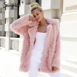 Simplee Warmer Winter-Kunstpelzmantel Damenmode Streetwear Große Größen Langer Mantel Weiblich Rosa Lässiger Herbstmantel Oberbekleidung 201215