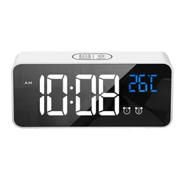 Bedside Wake Up Digital Mirror Led Music Alarm Clock with Snooze Temperature Thermometer Acoustic Voice Control Backlight