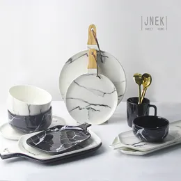 Creative Design European Style Marble Pattern Ceramic Tableware Porcelain Plate Dish Platter Bowl Cutter Board Dinnerware Set 201217