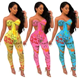 Kvinnor Outfit Sexy Navel Tube Top Graffiti Printed Mesh Piece Suit 2020 Kvinnor Mode 2 Piece Pants Set Plus Storlek