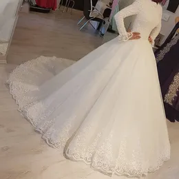 2022 modesto árabe Muslum Muslum Vestido de casamento princesa alto pescoço manga comprida lace apliques islâmicos vestidos nupciais robe de mariage