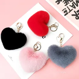 Hjärta boll pom pom keychain fluffy faux kanin päls pompom nyckelkedjor kvinnor väska hängsmycke smycken nyckelringar KKA7533 363 K2