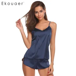 EKOUAER Kadınlar Yaz Pijama Seksi Pijama Set Katı Ayarlanabilir Kayış Cami Üst Şort Saten Pijama Gevşek Kadın Gecelikler Y200708 Suits Suits