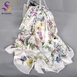 Biały 100% Silk Scarf Cape Fashion Floral Design Długie Szaliki Kobiety Summer Utralong Beach Shawn Winter Scarves 180 * 110 cm