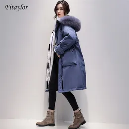 Fitaylor Large Real Fox Fur Collar Long Coat Winter Jacket Women 90% White Duck Down Thick Parkas Warm Sash Tie Up Snow Outwear 201210