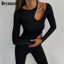 Beyouare Hollow Out Women Long Sleeve T Shirt Sexig rund hals Skinny Topps Ribbing Solid Elegant Basic Tees Casual Autumn 220226