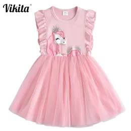 Vikita Brand Girls Unicorn Abiti estivi Abiti per bambini Paillettes Tutu Dress Bambini Flare Manica Cotone Abiti di cotone Baby Girl Princess Vestiti LJ200923