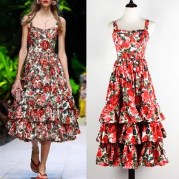 Högkvalitativ 2020 Sommar Ny Fashion Red Rose Print Lotus Leaf Side Cascading Cake Type Sexig Harness Beach Style Women Dress Y0118