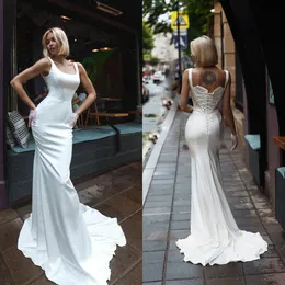 Nowoczesne Nowe Designer Suknie Ślubne Kwadratowe Koronki Satynowe Suknie Ślubne Spaghetti Paski Backless Sweep Pociąg Syrenka Suknia Ślubna