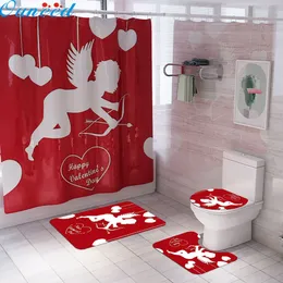 Ouneed 4PCS Cupid's Arrow Sweet rose Prints Bathroom Shower Curtain sets Colorful Non Slip Toilet Shower curtains Cover Mat sets T200711