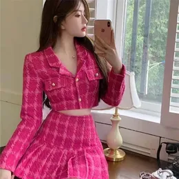 Höst Koreanska Retro Elegant Långärmad Notched Plaid Coat Kvinnor Skörd Hit Färg Mini Pläterad Kjol Sexig Mode Temperament 220302