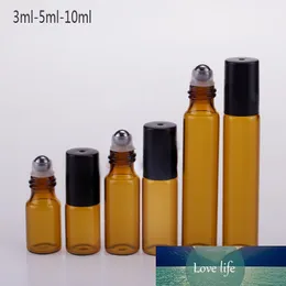 100 pcs 3ml 5ml 10ml roll âmbar na garrafa de rolos para óleos essenciais recipientes de desodorante de frasco de perfume com tampa preta